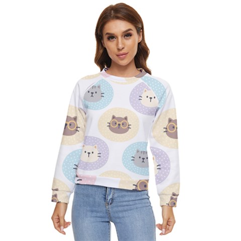 Cute Cat Seamless Pattern Background Women s Long Sleeve Raglan Tee by Jancukart