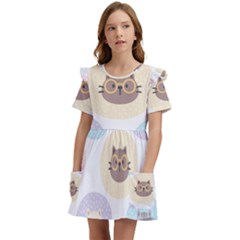 Cute Cat Seamless Pattern Background Kids  Frilly Sleeves Pocket Dress