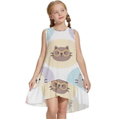 Cute Cat Seamless Pattern Background Kids  Frill Swing Dress