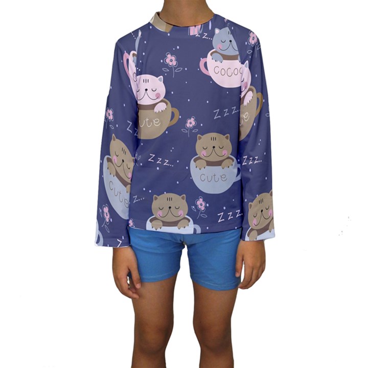 Cute Kittens Sleep Sweetly Mugs Kids  Long Sleeve Swimwear