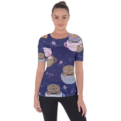 Cute Kittens Sleep Sweetly Mugs Shoulder Cut Out Short Sleeve Top