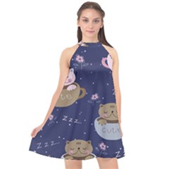 Cute Kittens Sleep Sweetly Mugs Halter Neckline Chiffon Dress 