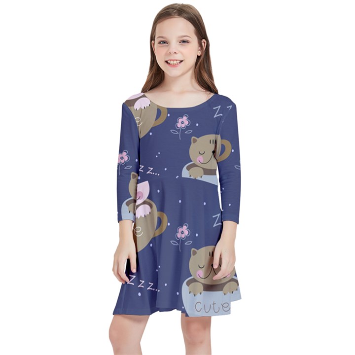 Cute Kittens Sleep Sweetly Mugs Kids  Quarter Sleeve Skater Dress