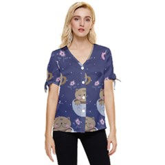 Cute Kittens Sleep Sweetly Mugs Bow Sleeve Button Up Top