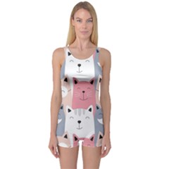 Cute Seamless Pattern With Cats One Piece Boyleg Swimsuit