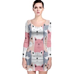 Cute Seamless Pattern With Cats Long Sleeve Bodycon Dress