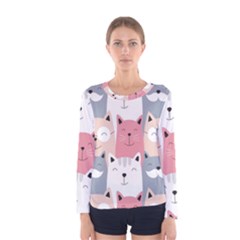 Cute Seamless Pattern With Cats Women s Long Sleeve Tee