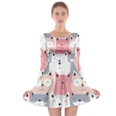 Cute Seamless Pattern With Cats Long Sleeve Skater Dress