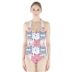 Cute Seamless Pattern With Cats Halter Swimsuit