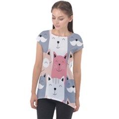 Cute Seamless Pattern With Cats Cap Sleeve High Low Top