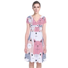 Cute Seamless Pattern With Cats Short Sleeve Front Wrap Dress