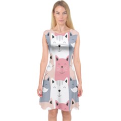 Cute Seamless Pattern With Cats Capsleeve Midi Dress