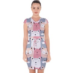 Cute Seamless Pattern With Cats Capsleeve Drawstring Dress 