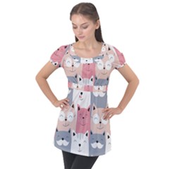 Cute Seamless Pattern With Cats Puff Sleeve Tunic Top