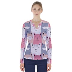 Cute Seamless Pattern With Cats V-neck Long Sleeve Top