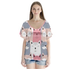 Cute Seamless Pattern With Cats V-neck Flutter Sleeve Top