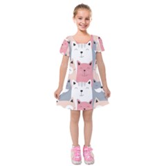 Cute Seamless Pattern With Cats Kids  Short Sleeve Velvet Dress