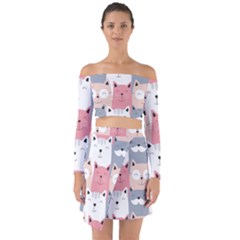 Cute Seamless Pattern With Cats Off Shoulder Top With Skirt Set