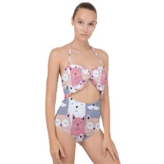 Cute Seamless Pattern With Cats Scallop Top Cut Out Swimsuit