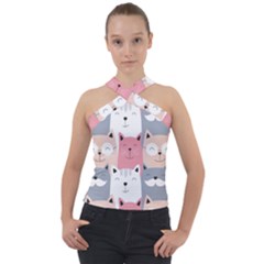 Cute Seamless Pattern With Cats Cross Neck Velour Top