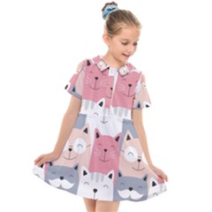 Cute Seamless Pattern With Cats Kids  Short Sleeve Shirt Dress