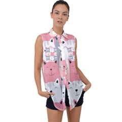 Cute Seamless Pattern With Cats Sleeveless Chiffon Button Shirt