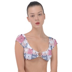 Cute Seamless Pattern With Cats Cap Sleeve Ring Bikini Top