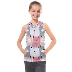 Cute Seamless Pattern With Cats Kids  Sleeveless Hoodie