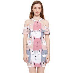 Cute Seamless Pattern With Cats Shoulder Frill Bodycon Summer Dress