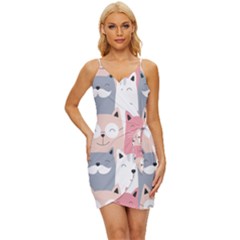 Cute Seamless Pattern With Cats Wrap Tie Front Dress