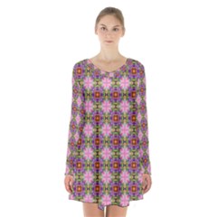 Seamless Psychedelic Pattern Long Sleeve Velvet V-neck Dress