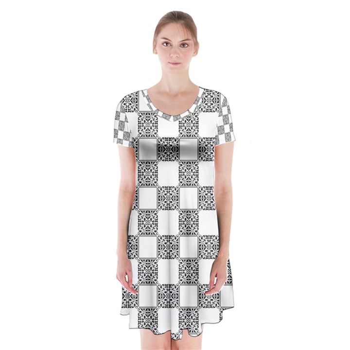 Seamless Tile Derivative Pattern Short Sleeve V-neck Flare Dress