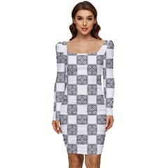 Seamless Tile Derivative Pattern Women Long Sleeve Ruched Stretch Jersey Dress