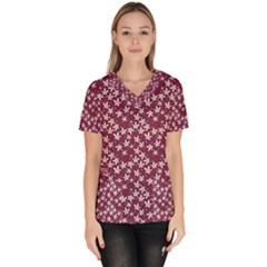 Small Flowers Pattern Women s V-neck Scrub Top