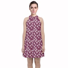 Small Flowers Pattern Velvet Halter Neckline Dress 