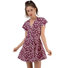 Small Flowers Pattern Flutter Sleeve Wrap Dress