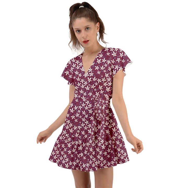 Small Flowers Pattern Flutter Sleeve Wrap Dress