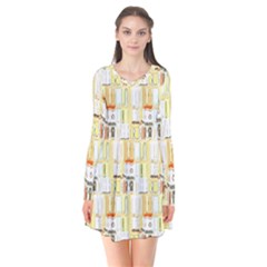 Abstract-pattern Long Sleeve V-neck Flare Dress