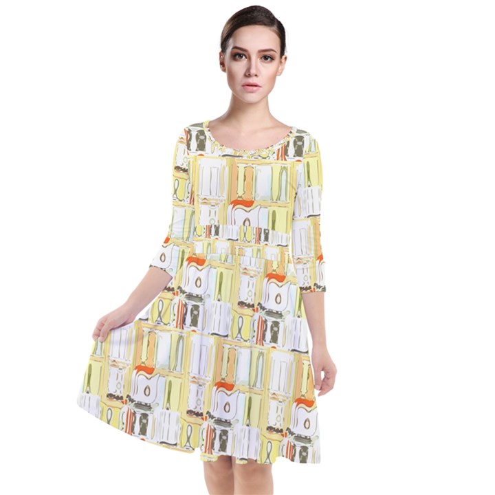 Abstract-pattern Quarter Sleeve Waist Band Dress