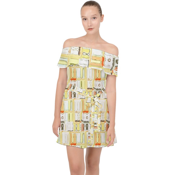 Abstract-pattern Off Shoulder Chiffon Dress