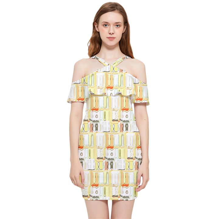 Abstract-pattern Shoulder Frill Bodycon Summer Dress