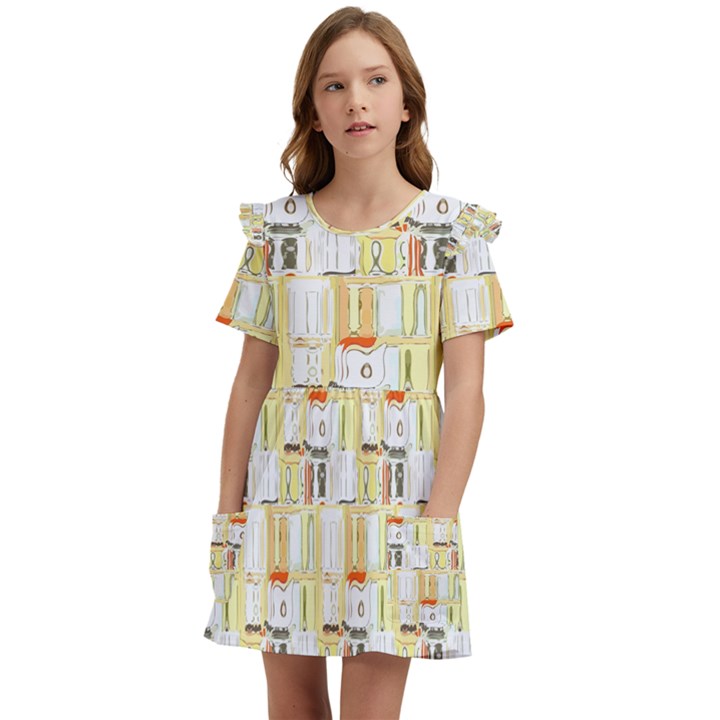 Abstract-pattern Kids  Frilly Sleeves Pocket Dress