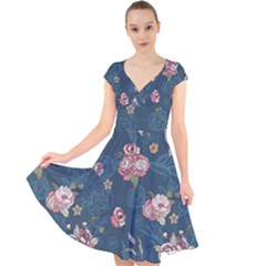 Vintage Flowers Pattern Cap Sleeve Front Wrap Midi Dress