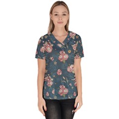 Vintage Flowers Pattern Women s V-neck Scrub Top