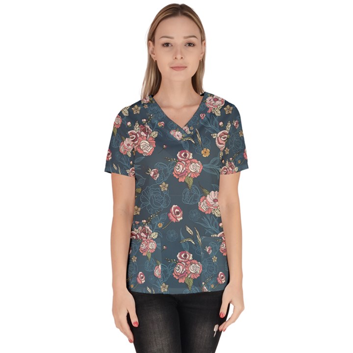 Vintage Flowers Pattern Women s V-Neck Scrub Top