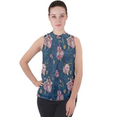 Vintage Flowers Pattern Mock Neck Chiffon Sleeveless Top