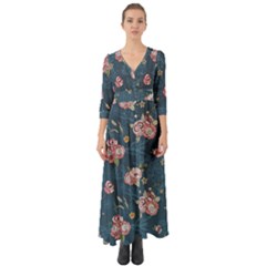 Vintage Flowers Pattern Button Up Boho Maxi Dress