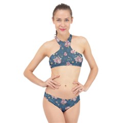 Vintage Flowers Pattern High Neck Bikini Set