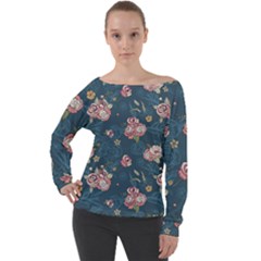 Vintage Flowers Pattern Off Shoulder Long Sleeve Velour Top