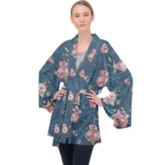 Vintage Flowers Pattern Long Sleeve Velvet Kimono  by Jancukart